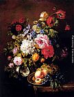 Marble Canvas Paintings - Roses, Peonies, Poppies, Tulips And Syringa In A Terracotta Pot With Peaches And Grapes On A Copper Ewer On A Draped Marble Ledge